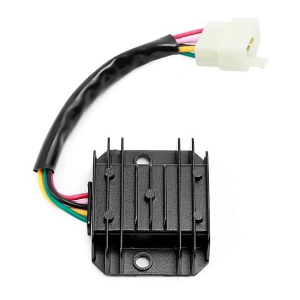 Voltage regulator rectifier, black ribbed case with 5-pin white connector and multicolor wires