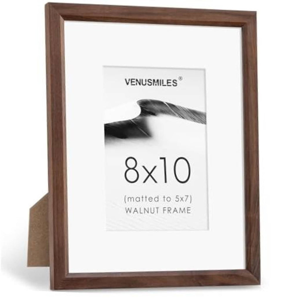Walnut 8x10 picture frame with white mat window and protective front glass