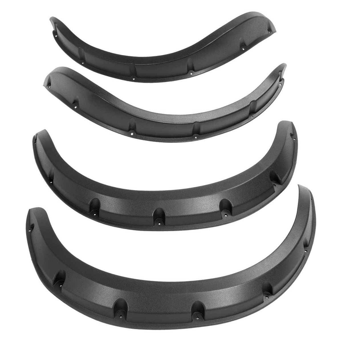 Stacked black golf cart fender flares with rivet holes along curved edges