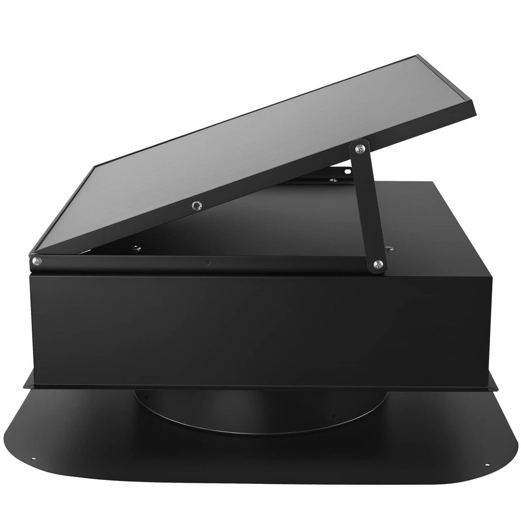Solar roof attic exhaust fan with angled solar panel and metal support bracket