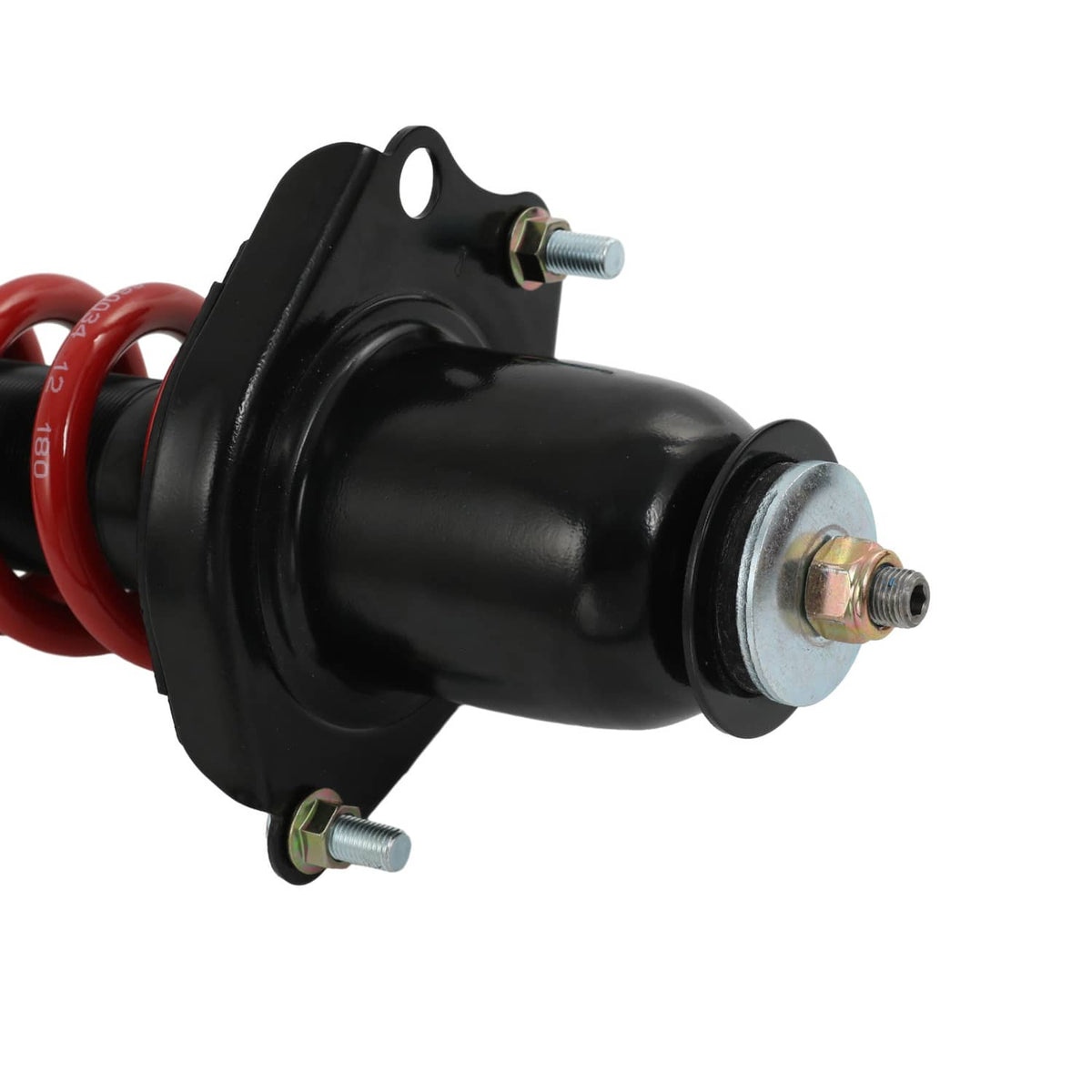 Coilover strut base with black housing, red spring and hardware bolts