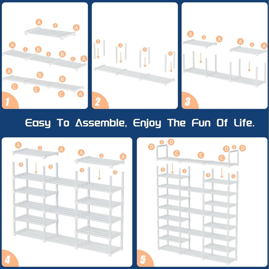 White 9-tier shoe rack organizer with step-by-step assembly diagram panels