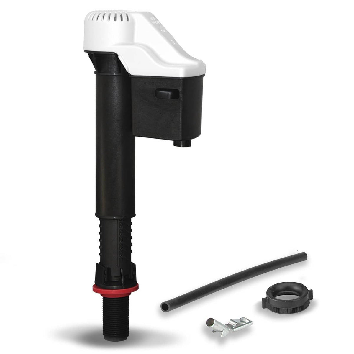 Universal toilet fill valve with black fill tube and white top, includes red seal ring
