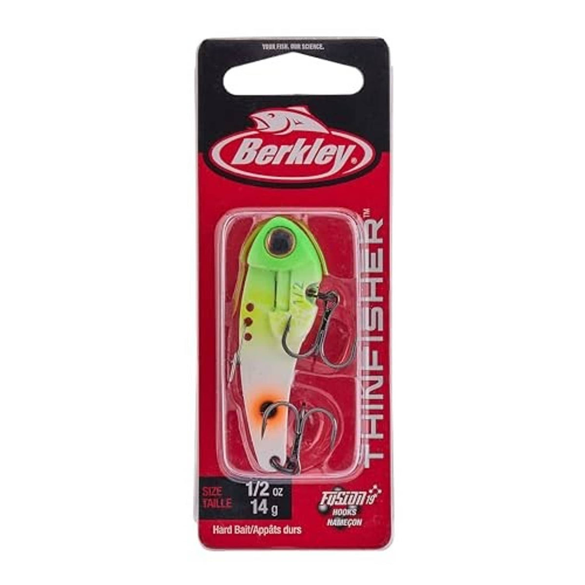 Berkley blade bait package with chartreuse lure and two treble hooks on a card