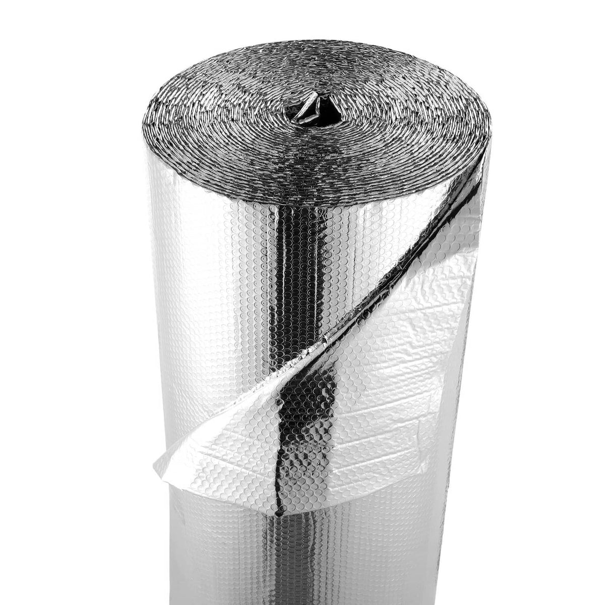 Rolled aluminum foil insulation with shiny silver outer surface and visible seam