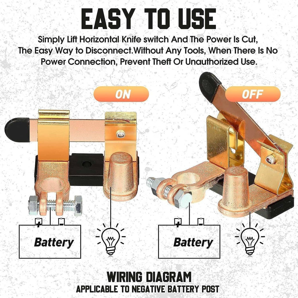 Battery knife switch with ON/OFF lever and copper top post terminal, wiring diagram