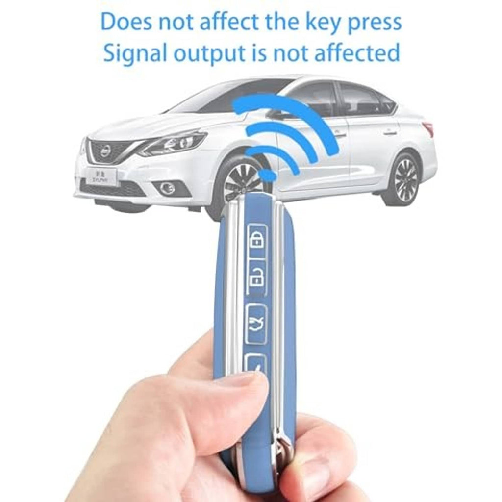 Blue key fob cover held in hand with signal indicator toward a white car