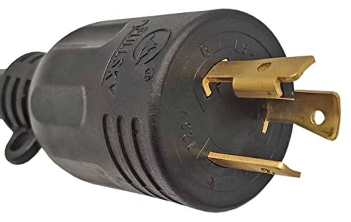 Heavy-duty 4-prong generator plug with gold contacts on black locking housing