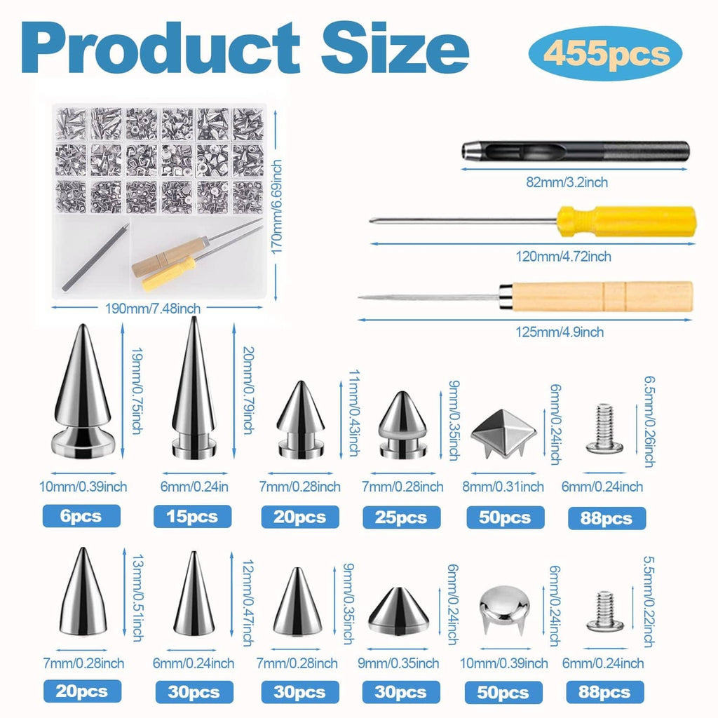 Craluuur 455-piece punk spikes and studs kit size chart with spike and stud measurements