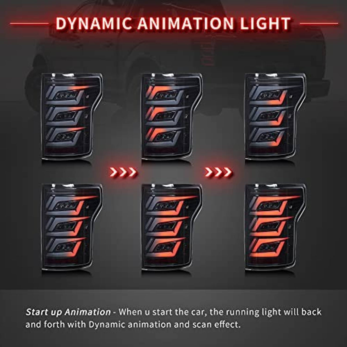 Smoked LED tail lights shown with animated light sequence, red illumination