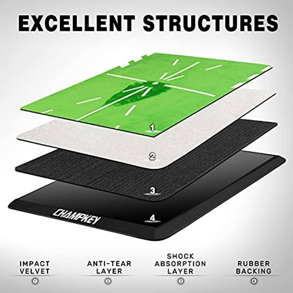 Stacked layers of a green golf hitting mat with black impact and rubber backing