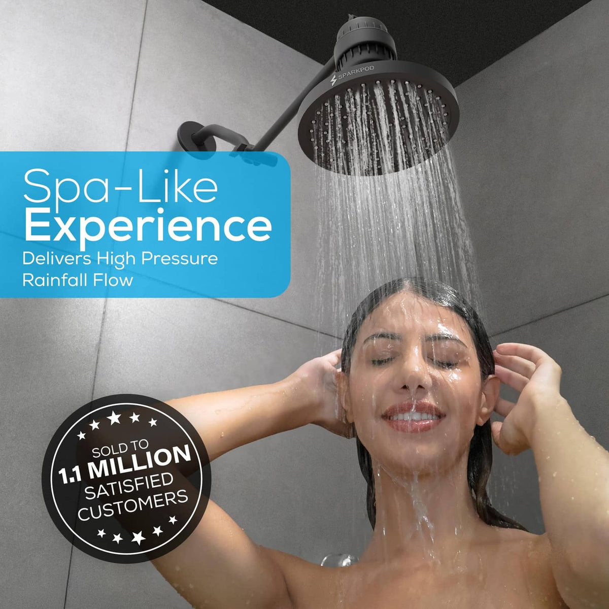 Overhead rain shower head releasing dense, high-pressure water spray.