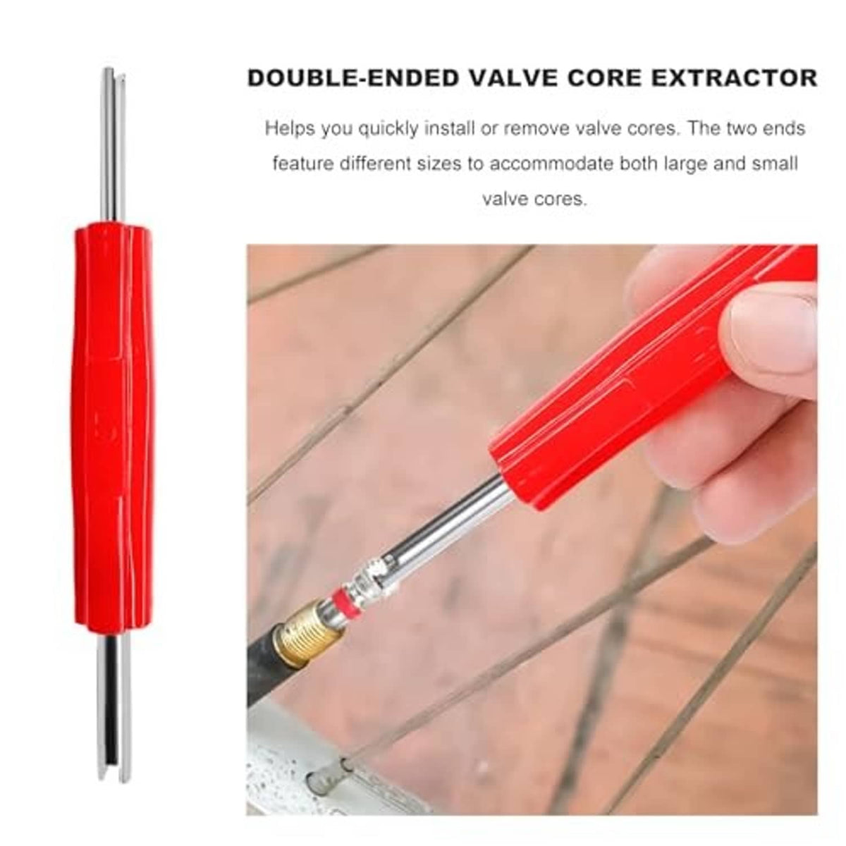 Double-ended valve core extractor tool with red handle and silver metal tip