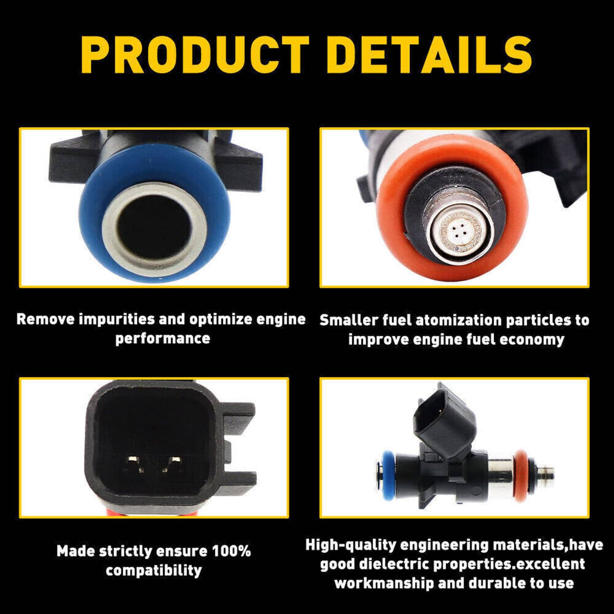 Fuel injector detail views: blue inlet ring, red o-ring, and metal spray tip