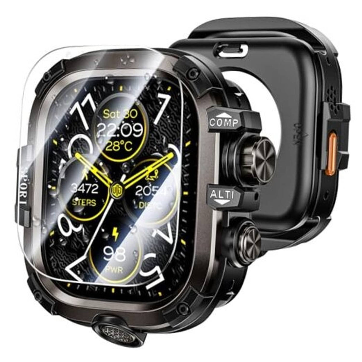 Black 49mm rugged smartwatch case with clear screen protector and metal details