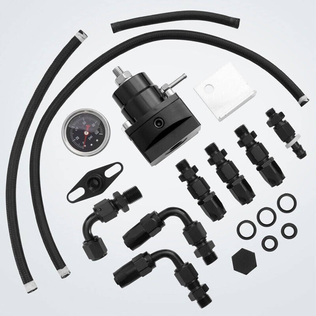 Fuel line kit components: black regulator, gauge, braided hoses, and assorted fittings
