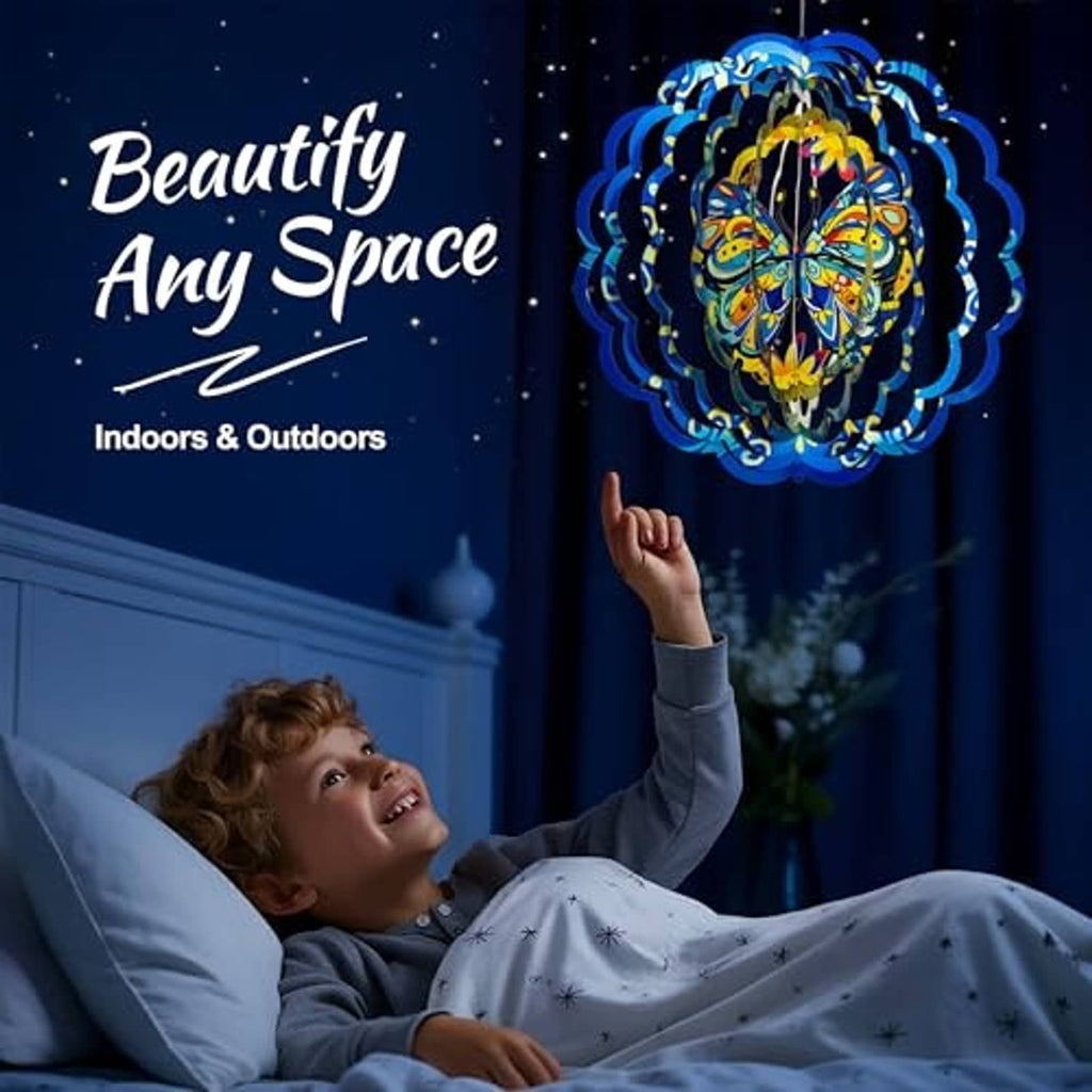 Blue butterfly wind spinner hanging indoors with reflective layered ring glow