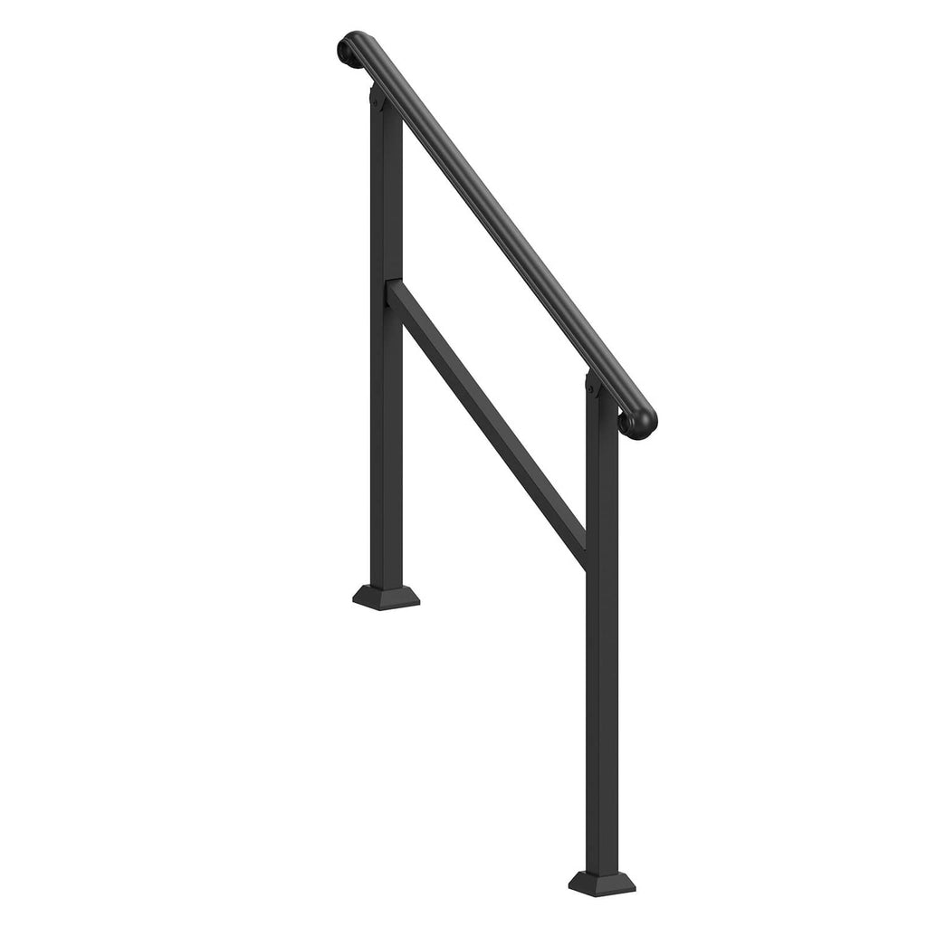 Black metal stair handrail with angled legs and rounded top hand grip