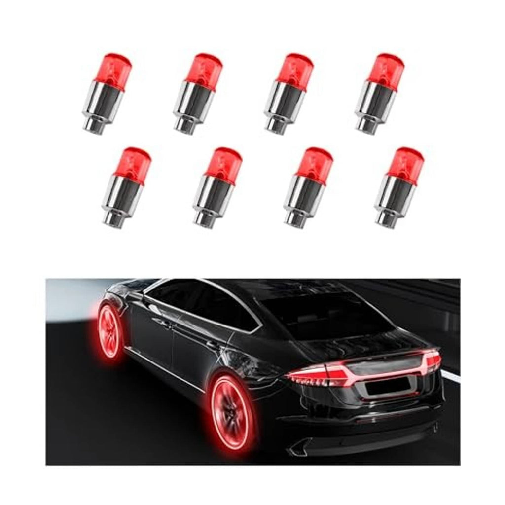 Red LED tire valve stem caps on a car with glowing red wheel rim lights