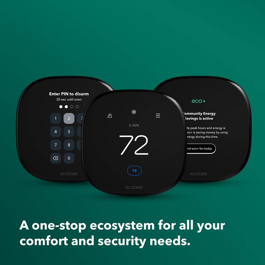 Three black ecobee thermostats with touchscreen displays, including eco+ and PIN info