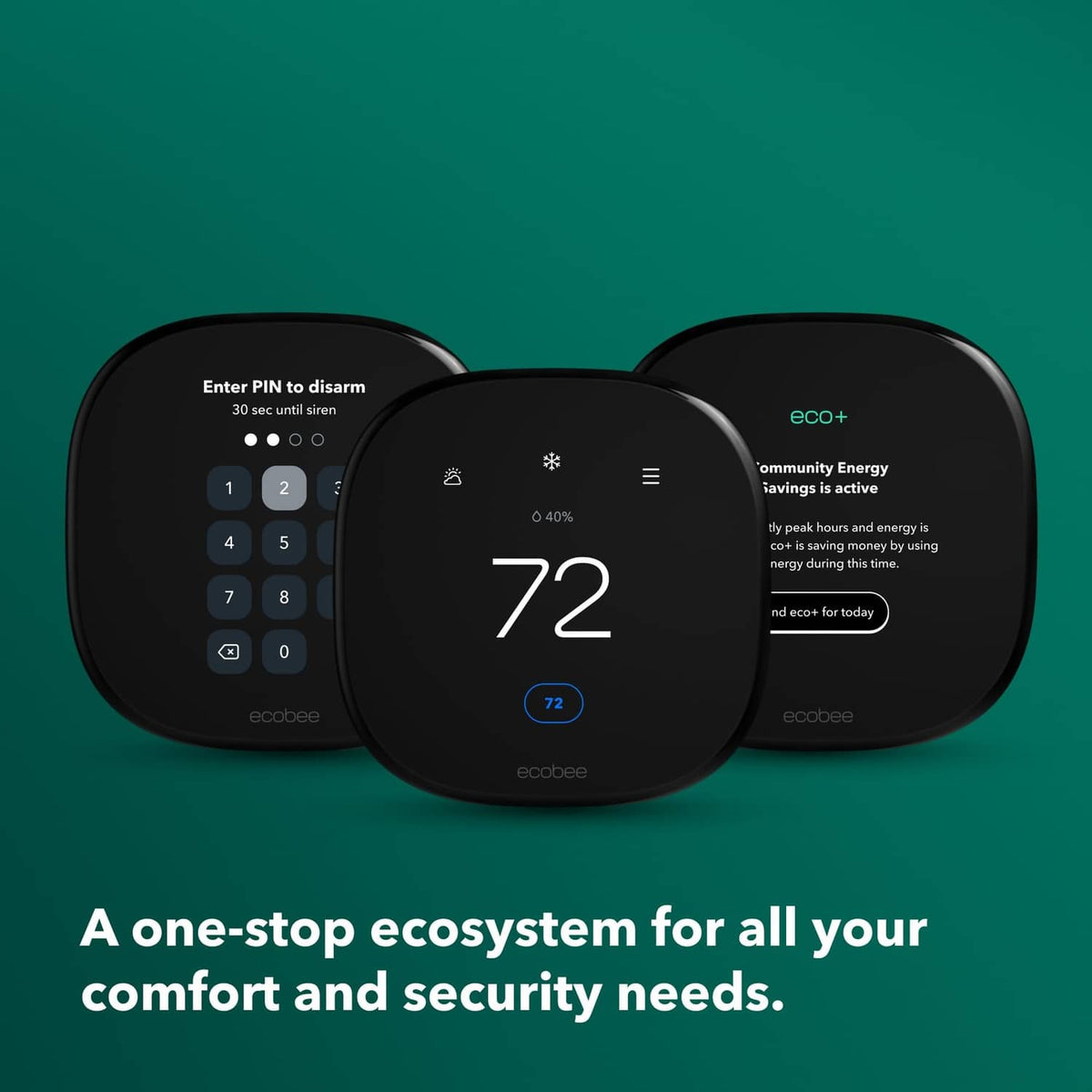 Three black ecobee thermostats with touchscreen displays, including eco+ and PIN info