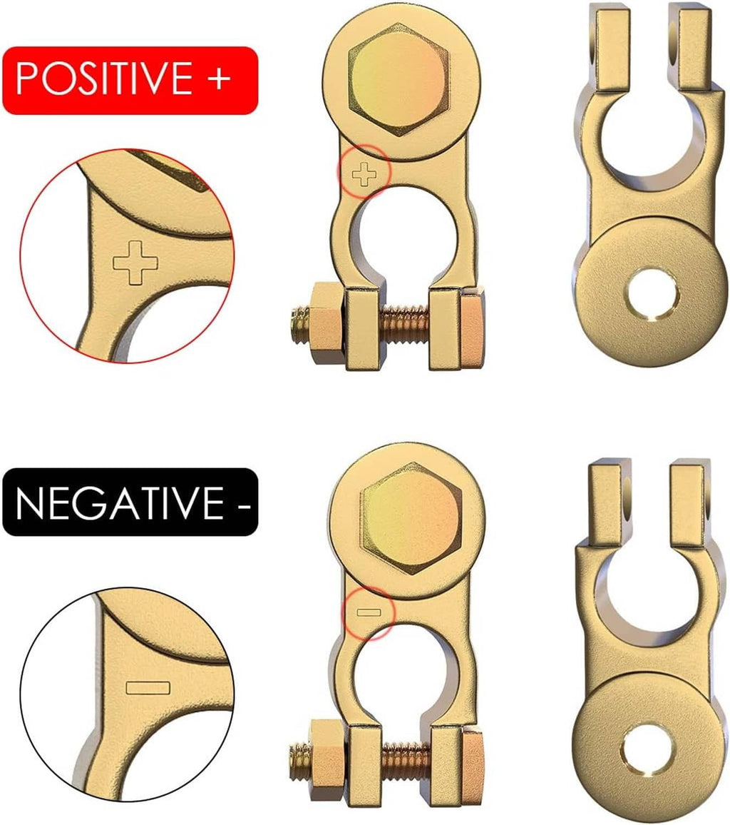 Positive + and negative - brass battery terminal connectors, two-piece set