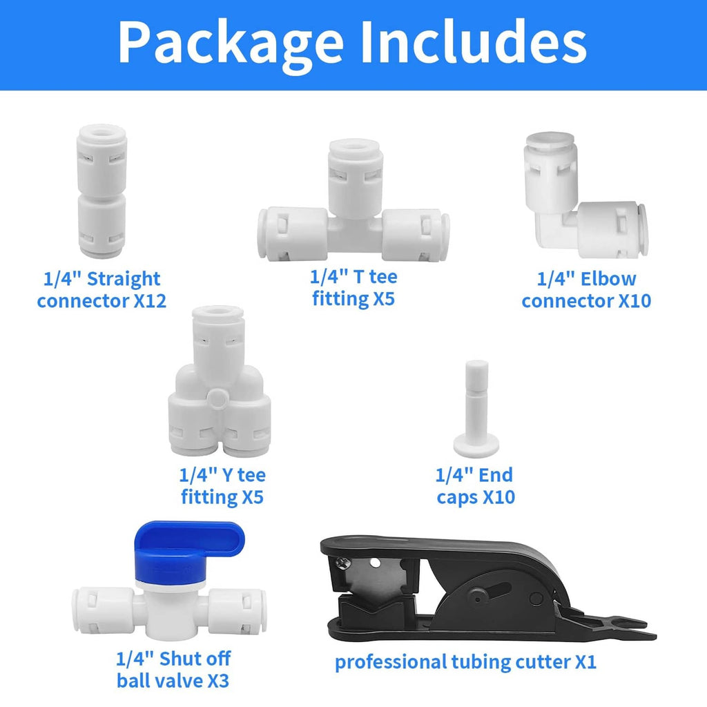 White 1/4-in push-fit tubing fittings set with blue shutoff valve and black tubing cutter