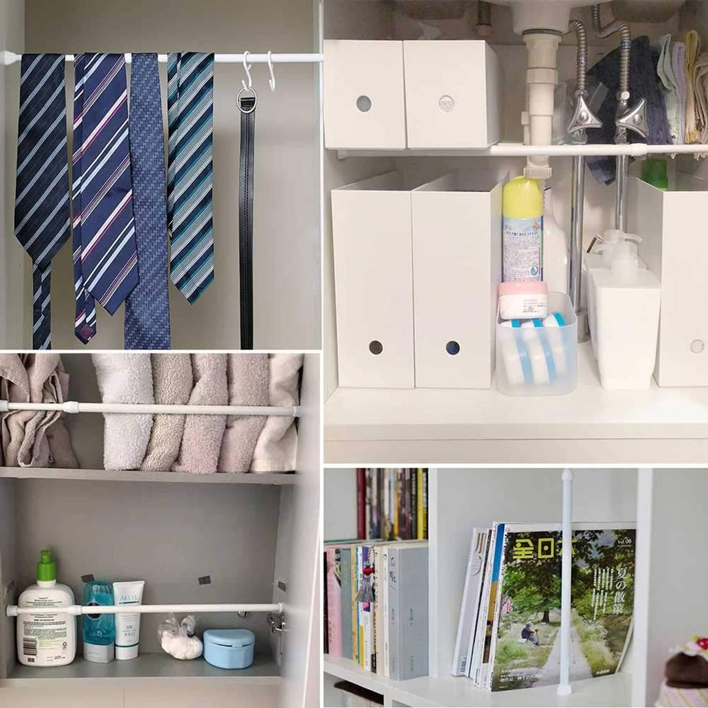White tension curtain rod used with hanging hooks for closet organization