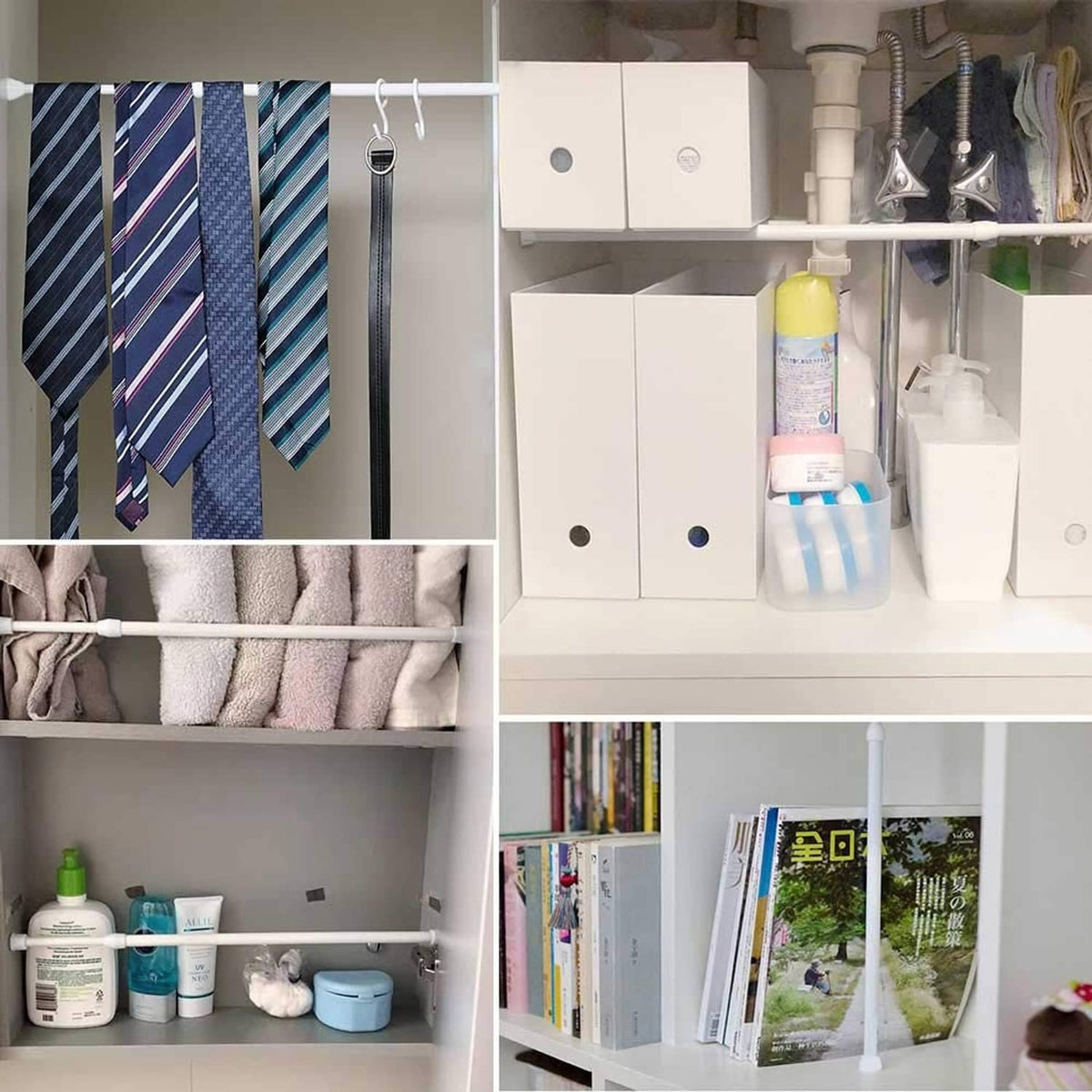 White tension curtain rod used with hanging hooks for closet organization