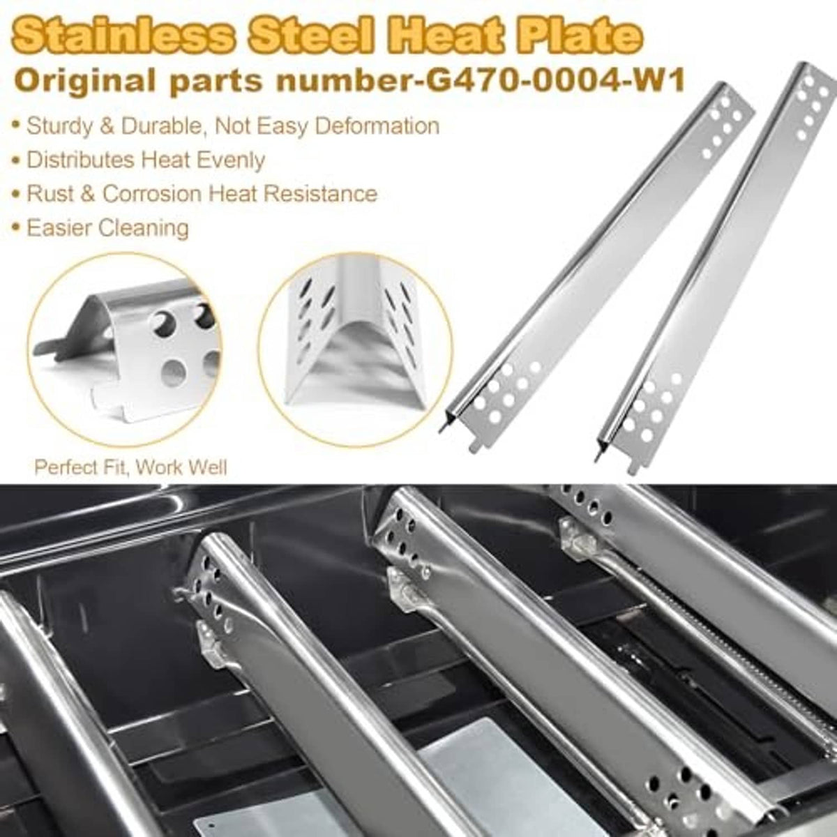 Stainless steel heat plate panels with perforations for grill burner tube assembly