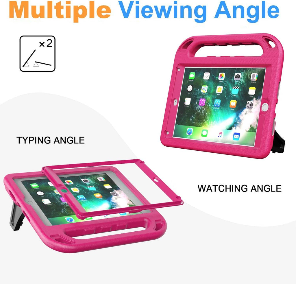 Pink kids iPad case with adjustable kickstand for typing and watching angles