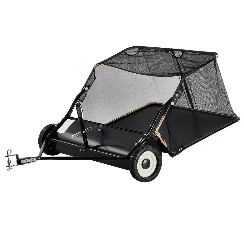 Tow-behind lawn sweeper with black metal frame, mesh hopper, and hitch bar