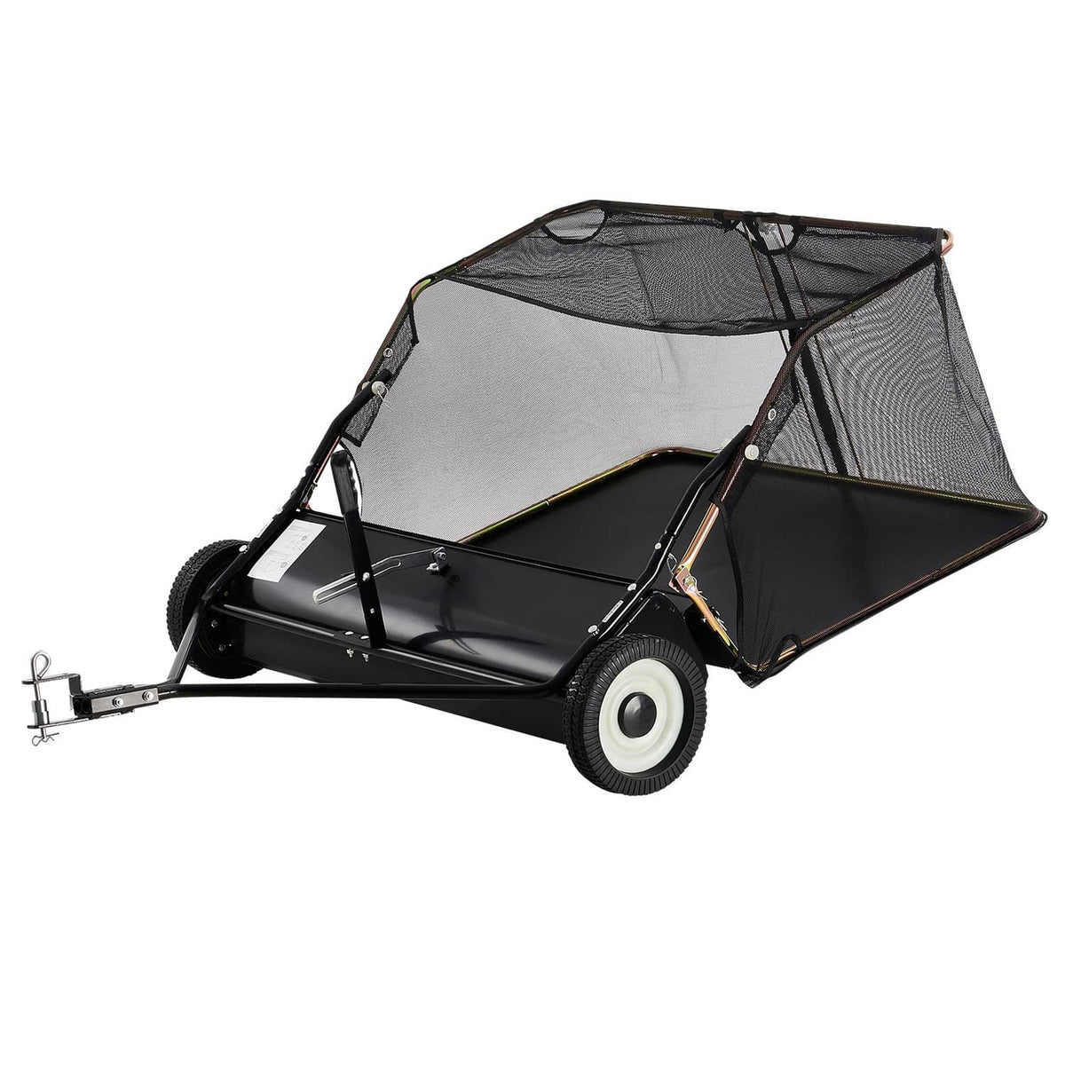 Tow-behind lawn sweeper with black metal frame, mesh hopper, and hitch bar