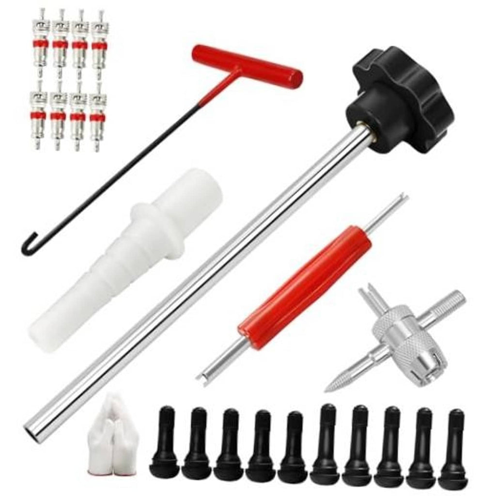 Tire valve stem tool kit: metal push rod, black head, red T-handle, valve cores