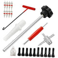 Tire valve stem tool kit: metal push rod, black head, red T-handle, valve cores