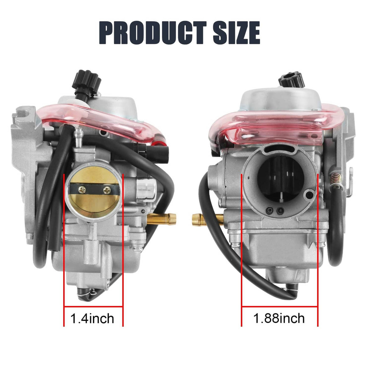 Carburetor with inlet and body sizes shown: 1.4 in and 1.88 in