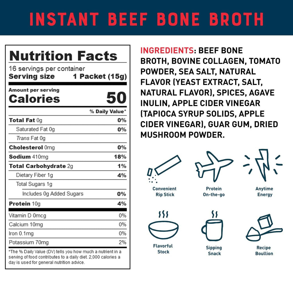 Instant bone broth nutrition facts panel on a packet