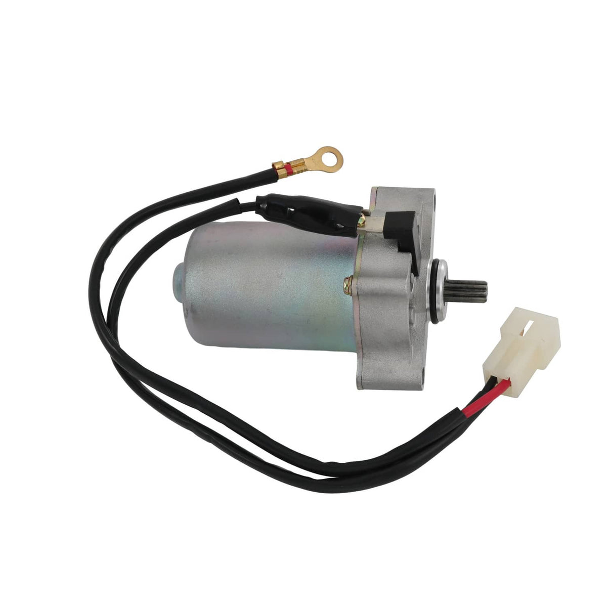 Starter motor with black cable bundle, metal mounting base, and white connector