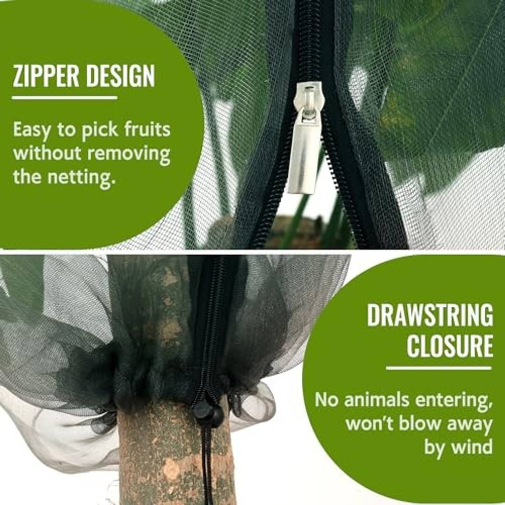 Black fruit tree netting bag with zipper opening and drawstring closure