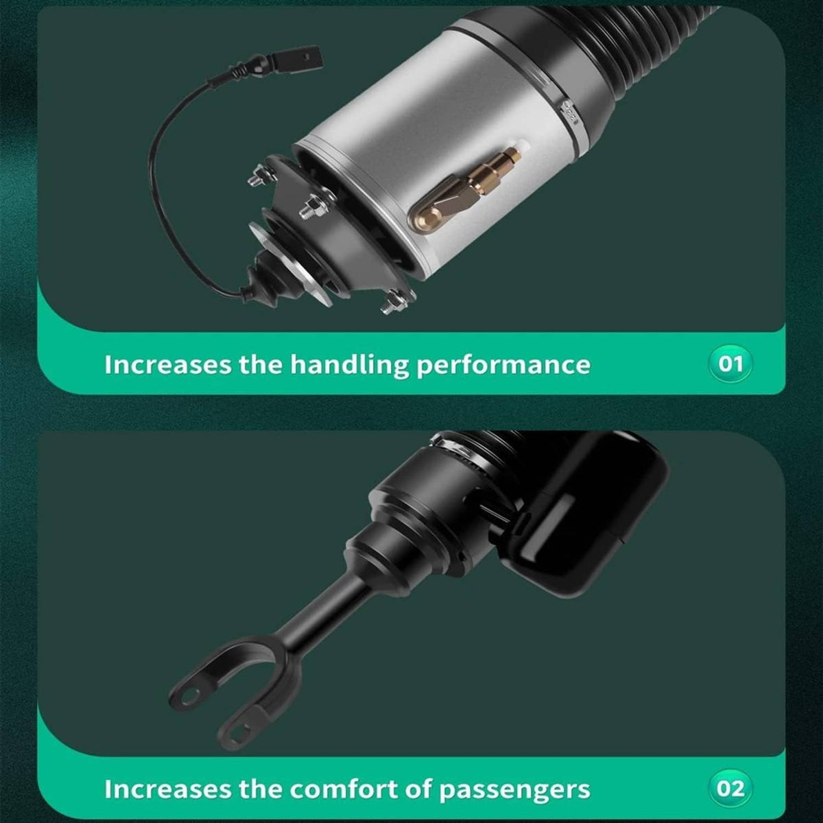 Air suspension shock absorber components, silver cylinder and black control arm