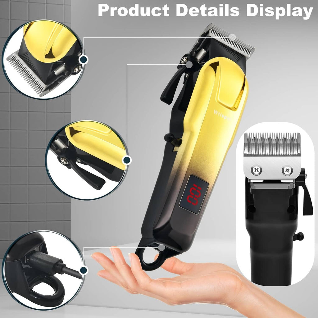 Gold-and-black hair clipper with LED screen and multiple guide comb attachments