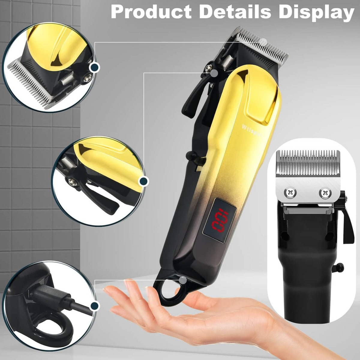 Gold-and-black hair clipper with LED screen and multiple guide comb attachments