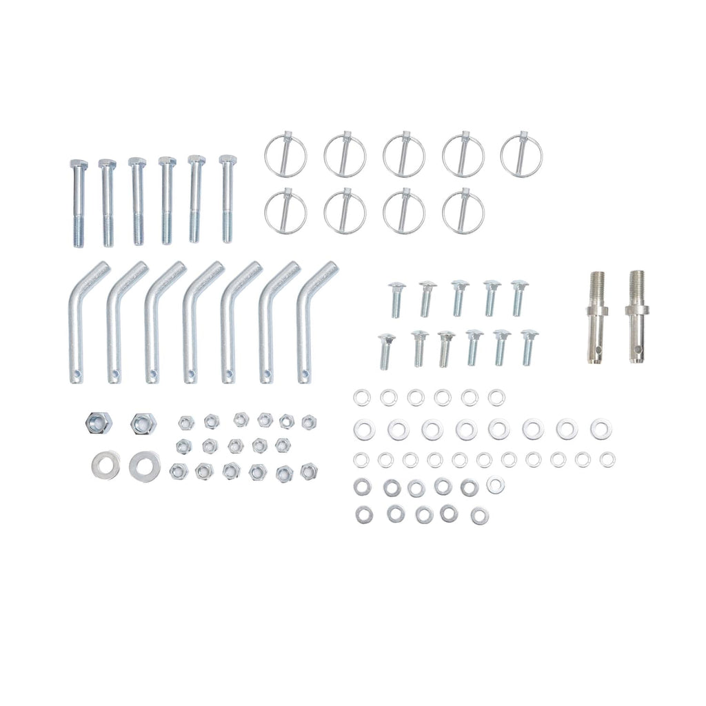 Tow-behind box scraper hardware kit with bolts, pins, washers, and mounting rings