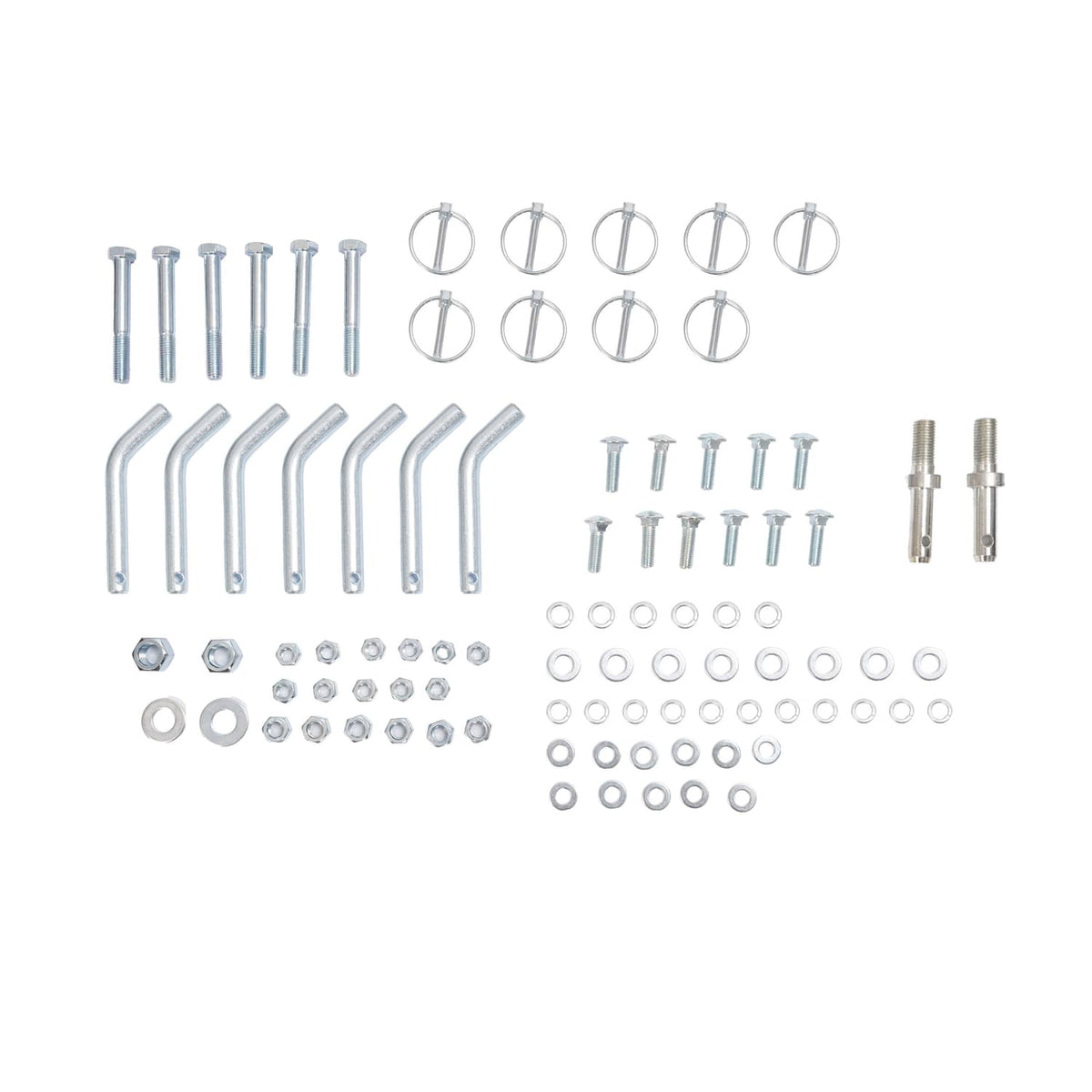 Tow-behind box scraper hardware kit with bolts, pins, washers, and mounting rings