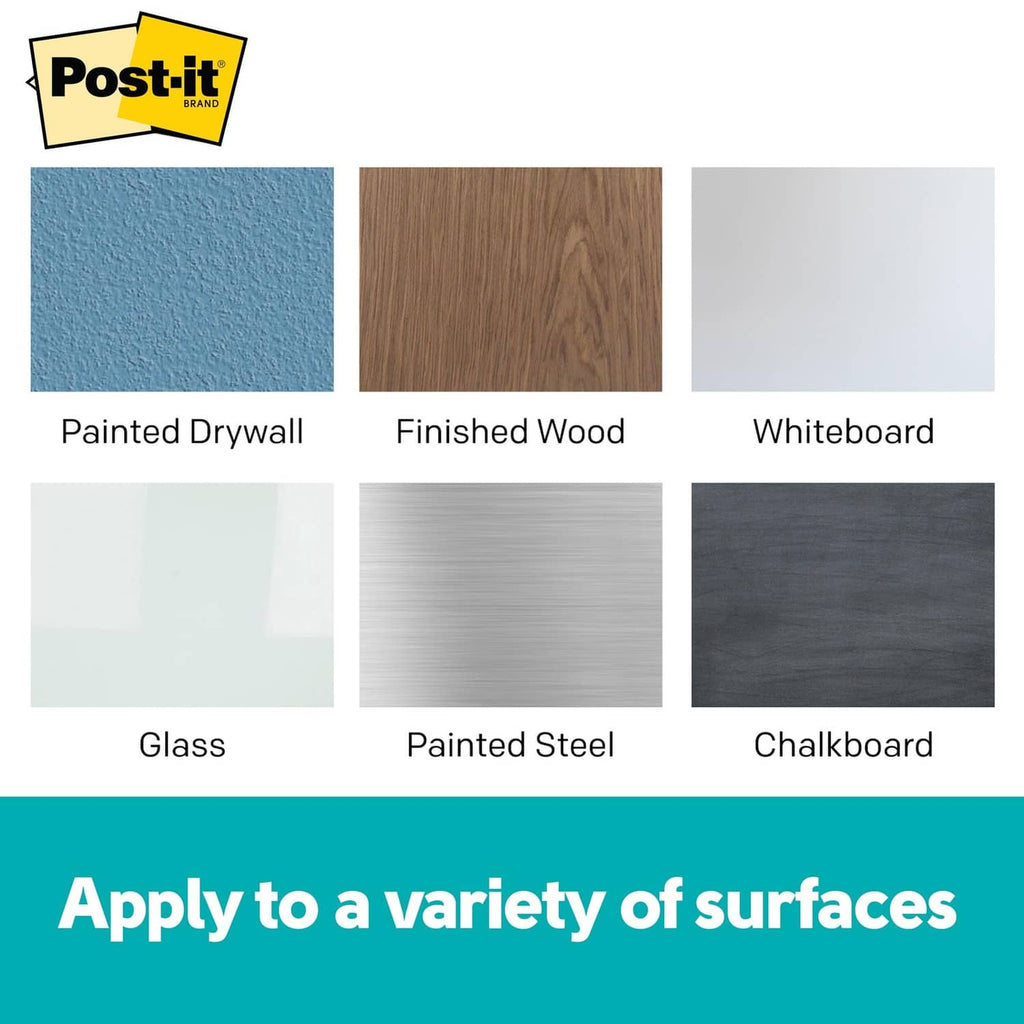 Post-it Flex write surface applies to multiple surfaces shown in sample tiles