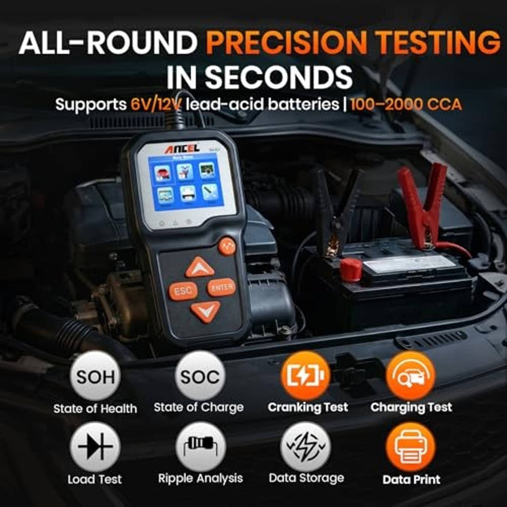Car battery tester showing functions on screen with red/black test leads attached