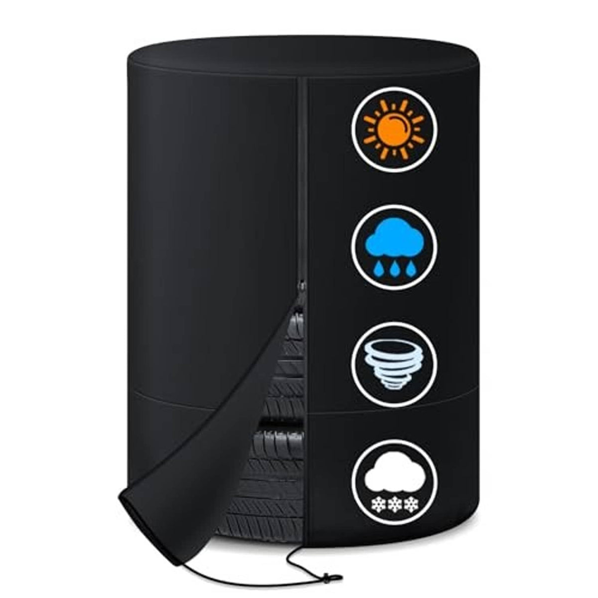 Black tire storage cover with side opening and storage zipper, includes adjustable cord