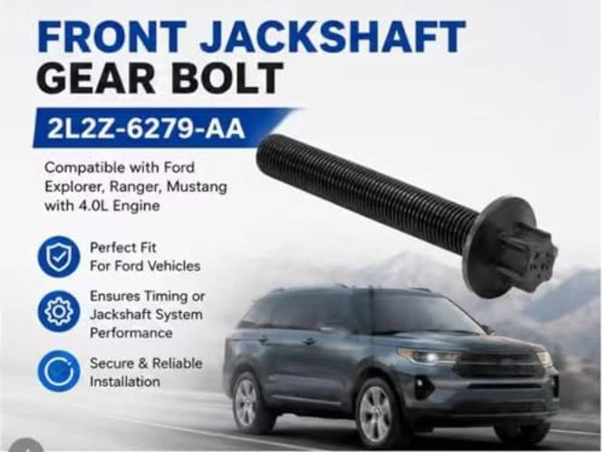 Engine front jackshaft gear bolt, black threaded fastener with hex head