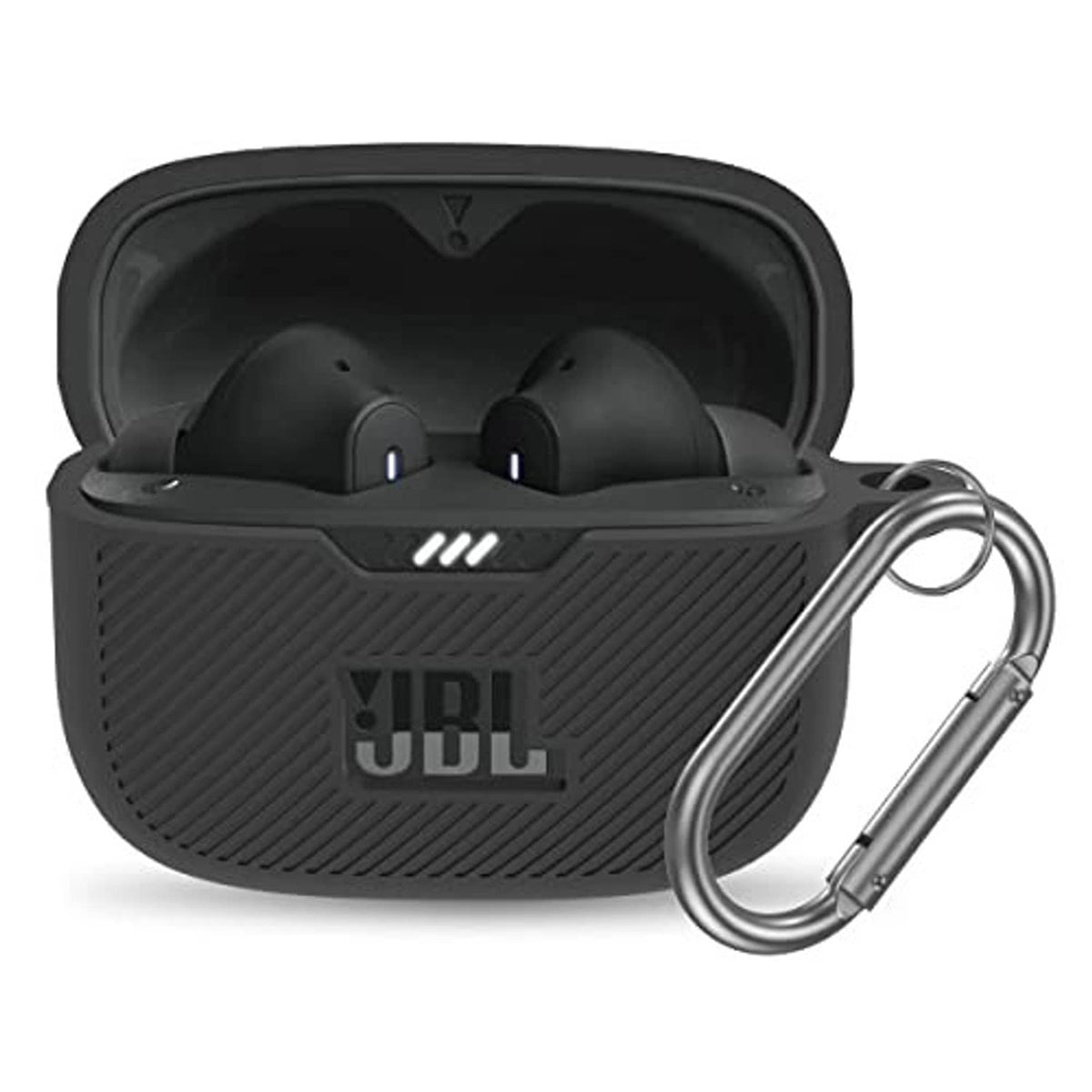 Black silicone earbud case cover with JBL logo, earbuds inside