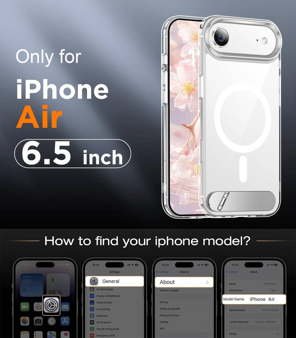 Clear iPhone Air 6.5-inch case with camera cutout and kickstand, transparent body